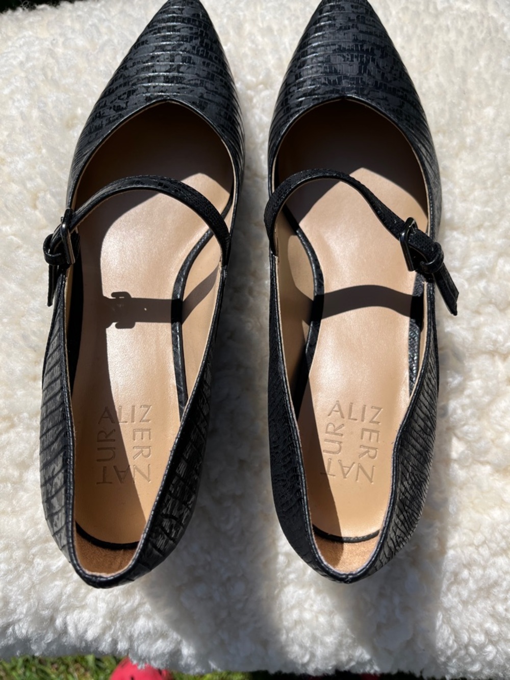 Naturalizer Black Textured Pointed Mary Jane Flats with Buckle
